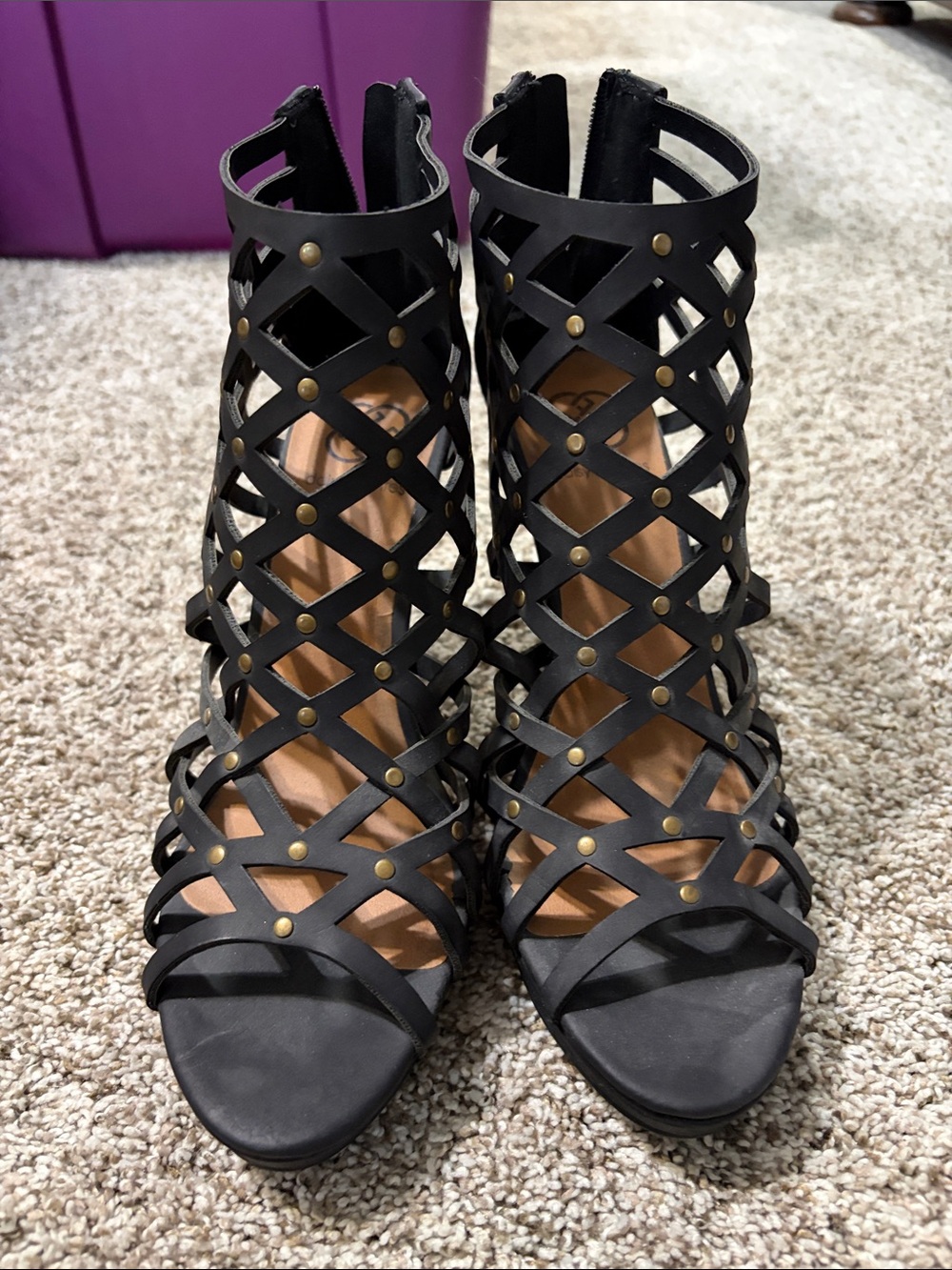 Daisy Fuentes Black Lattice Cage Heeled Sandals with Gold Studs
